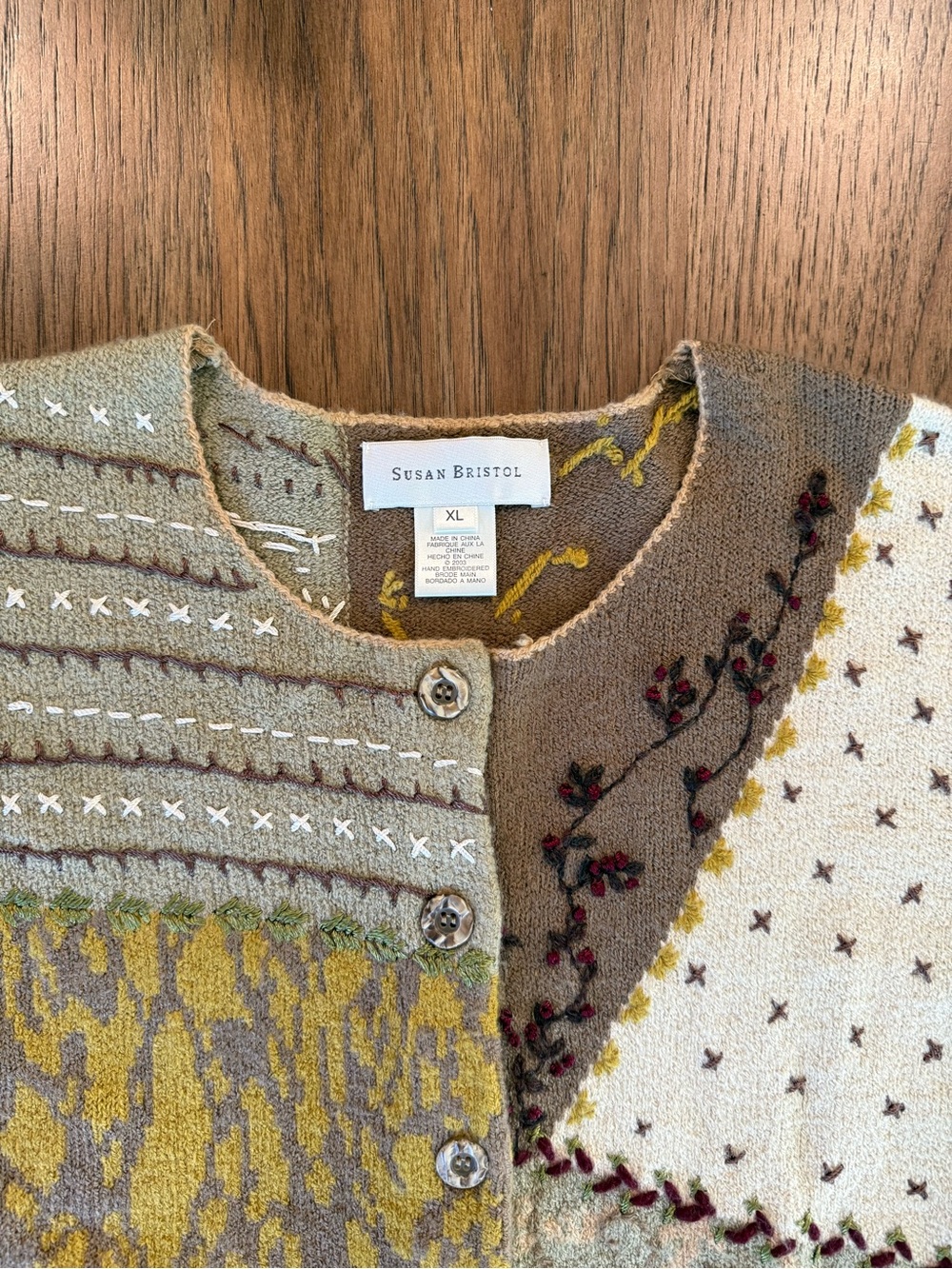 Susan Bristol Hand Embroidered Brown Cardigan Button Sweater Sz XL NEW - Picture 3 of 8